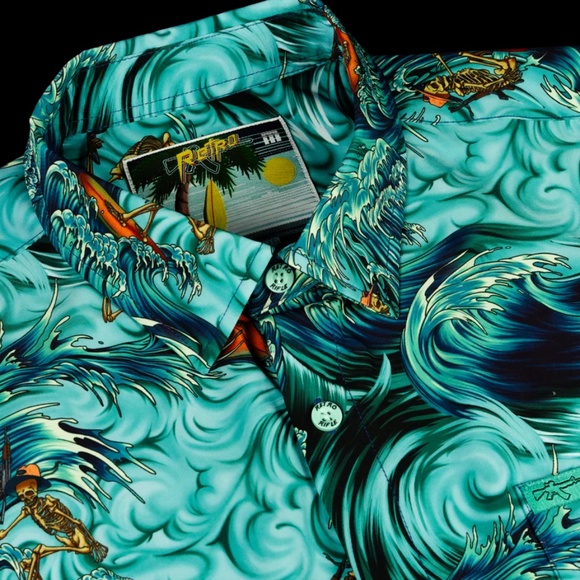 Retro Rifle Men's Full Button Down - Surf's Up (teal) - Picture 2 of 5